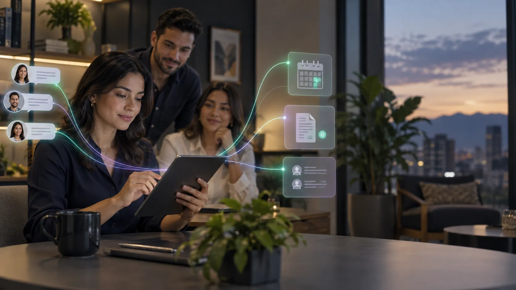 Equipo de negocio usando automatización para organizar conversaciones, agenda y clientes
